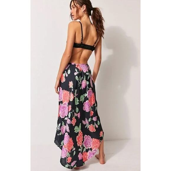 Free People black floral satin lace maxi slip skirt - Picture 2 of 6
